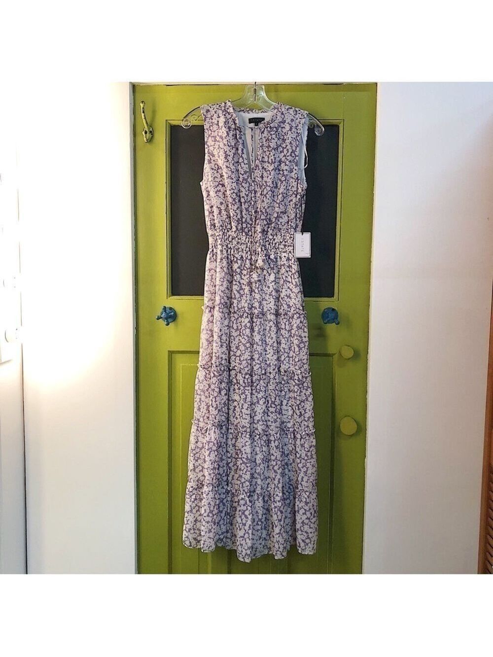 1. State lilacy grey white floral sleeveless tie V-neck tiered maxi dress Summer - Picture 6 of 13